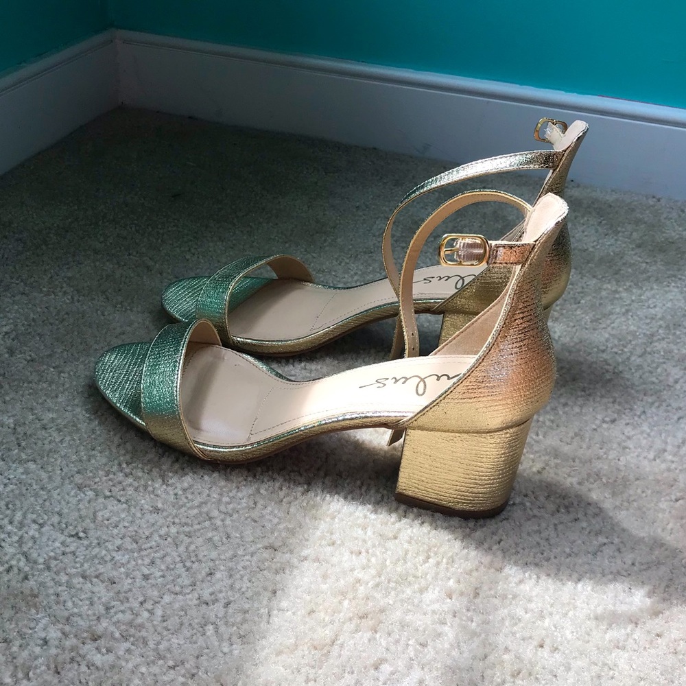 Lulu’s Gold Block Heels with Ankle Strap